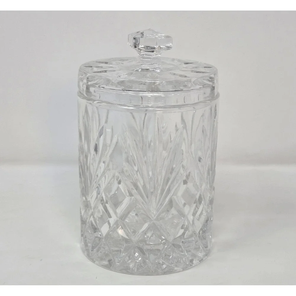 Cut Lead Crystal Biscuit Jar Lidded Diamond Fan Pattern Faceted Knob Candy Dish